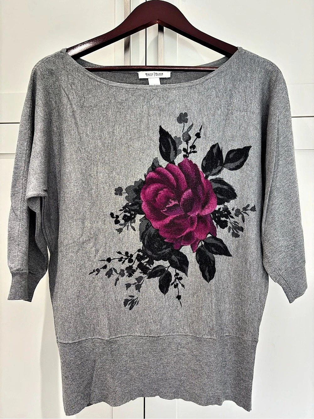 White House Black Market Grey Floral Rose Dolman Sleeve Sweater